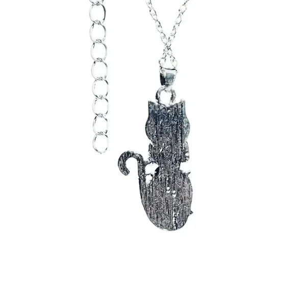 Silver Tone Chain Necklace W/Rhinestones And Blue Cabochon Cat Pendant (5550) - Picture 5 of 5